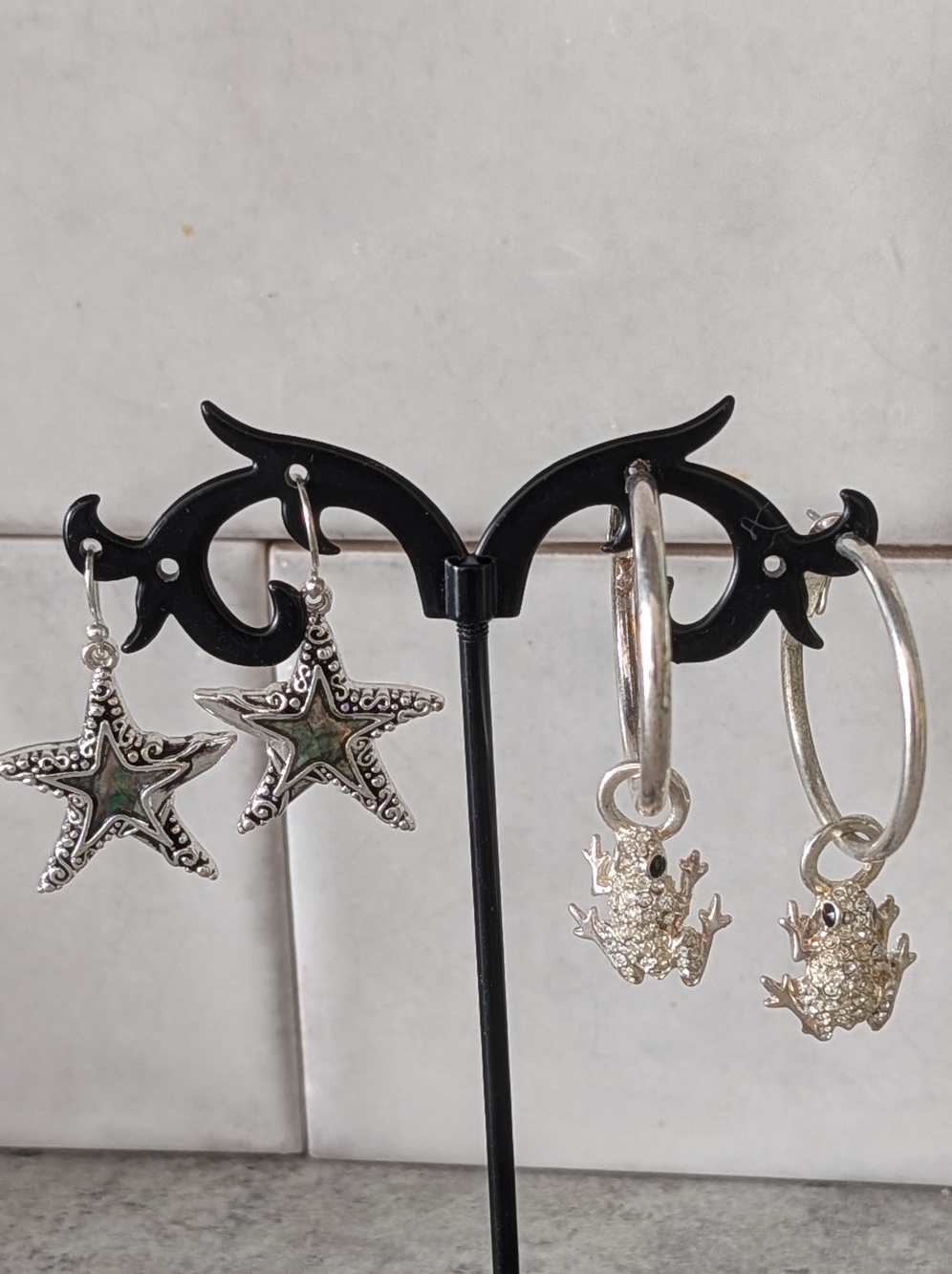 Silver Tone Frog And Starfish Drop Earrings